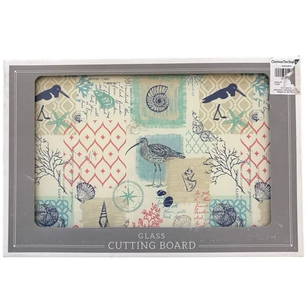 Coastal Postcard Themed Glass Cutting Board Featuring Seagulls & Seashells New
